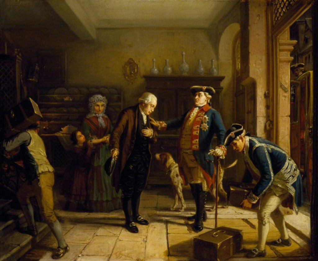 An interior introductory scene between two regally dressed officers and a family patriarch in a black suit.