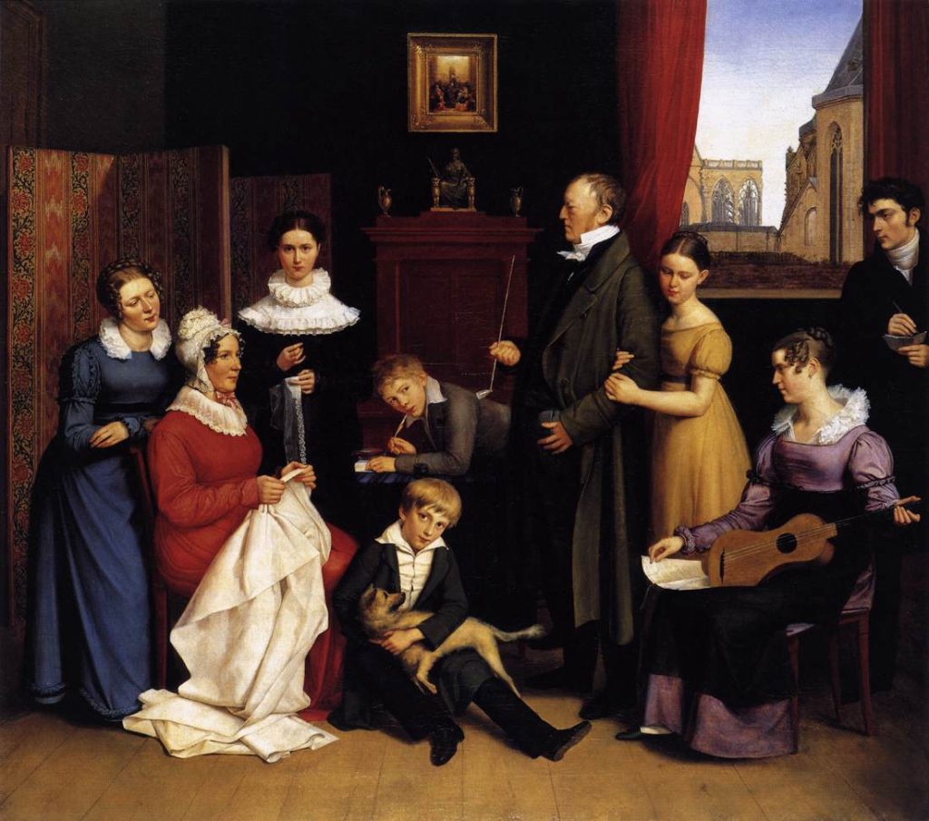 An extensive family protrait set in the interior of a room, a window revealing a north renaissance background. Members are posed in respect to hierarchy and age.