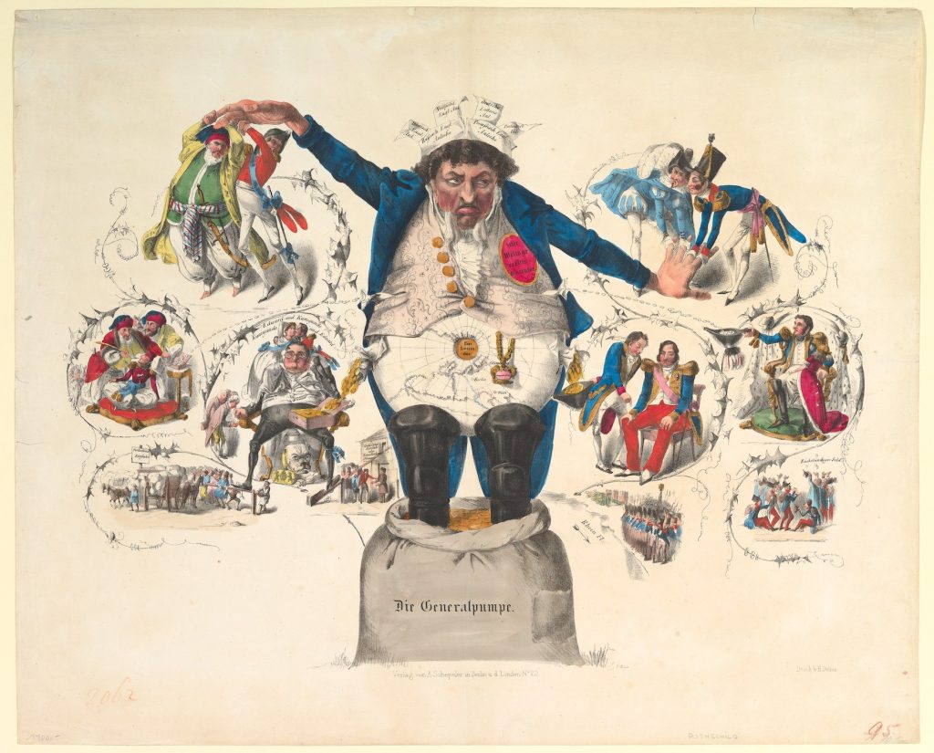 A lithographed caricature of an enlarged anthropomorphic Germany, pulled in various directions and robbed by smaller figurations of nobility and jewish aristocracy.
