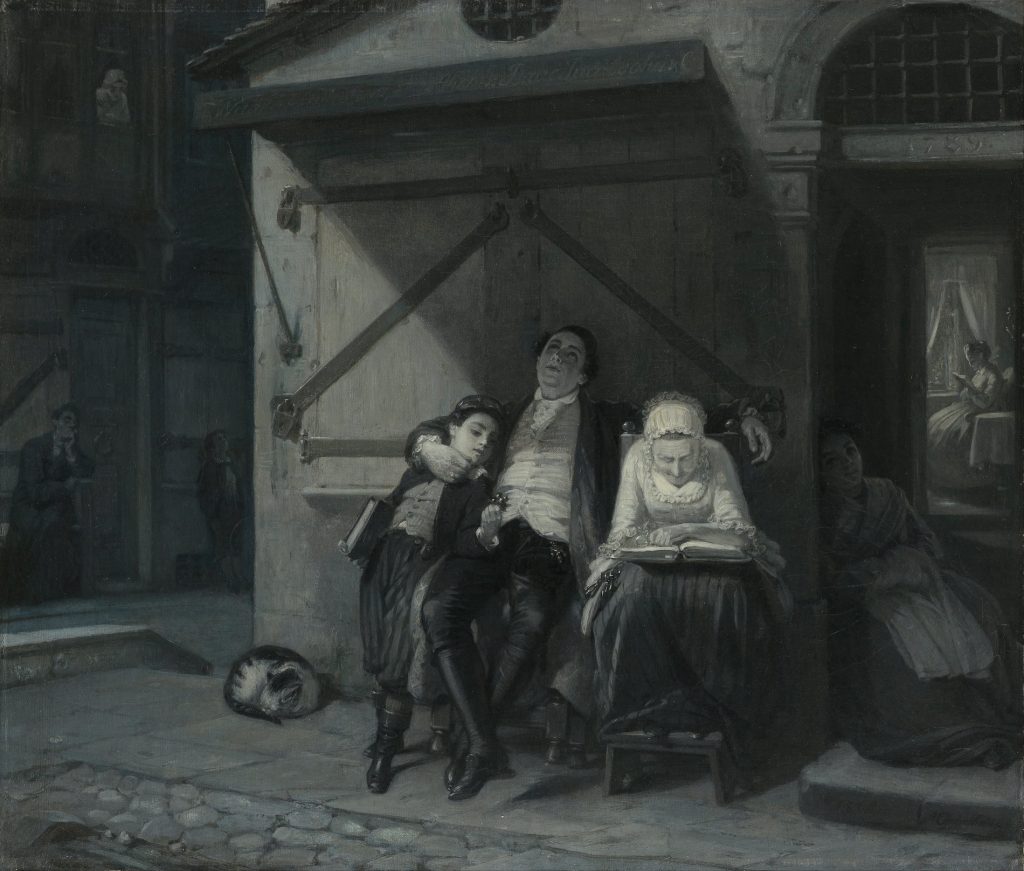 An urban scene of various figures reading or leaning against building walls. A muted colour tone makes up the painting.