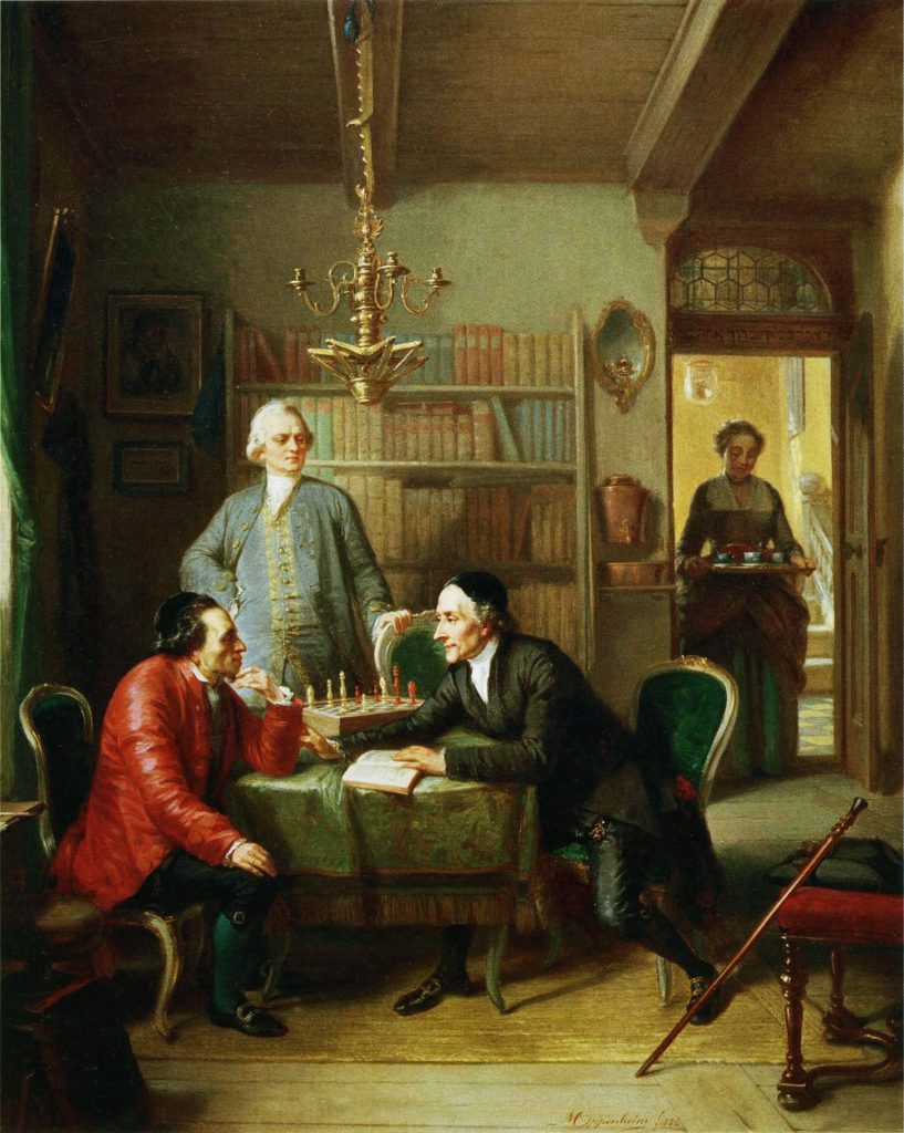 In an enterior library scene, a jewish man is sat across from a well-dressed german aristocrat, a second standing by the table. In walks the jewish man's wife, with a platter of tea.