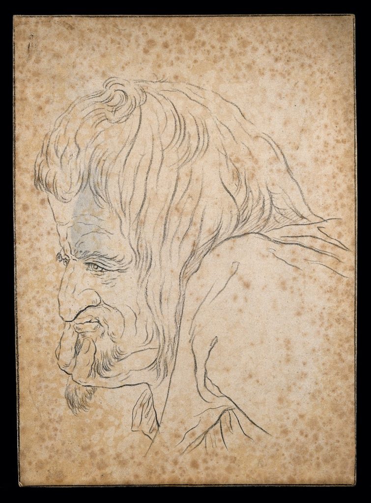 A graphite line-work drawing of an old man with a large nose, chin rested in his palm.