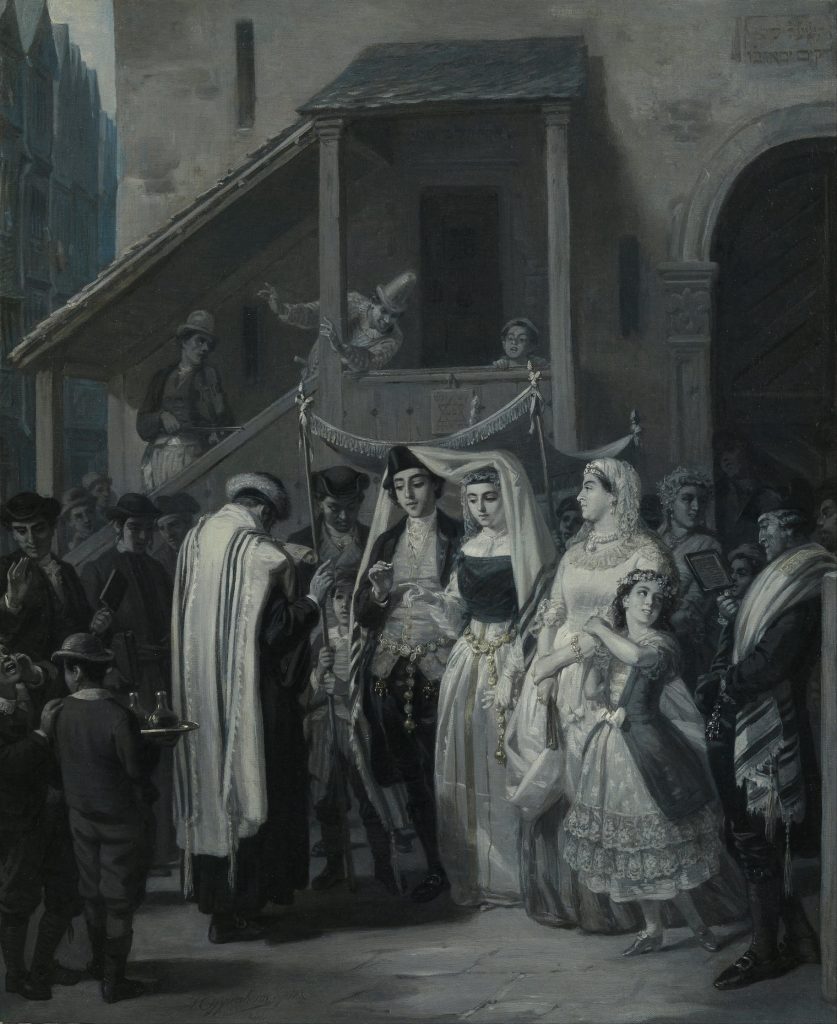 A wedding scene where a crowd surrounds the couple and their rabbi. The background is urban, and the painting is soberly painted.