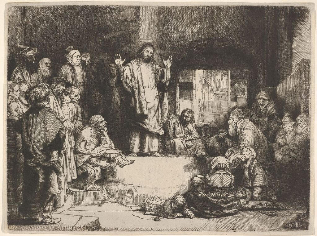 An engraving of the Christ, a small halo pictured above his head, preaching to a crowd of onlookers dressed in rags.