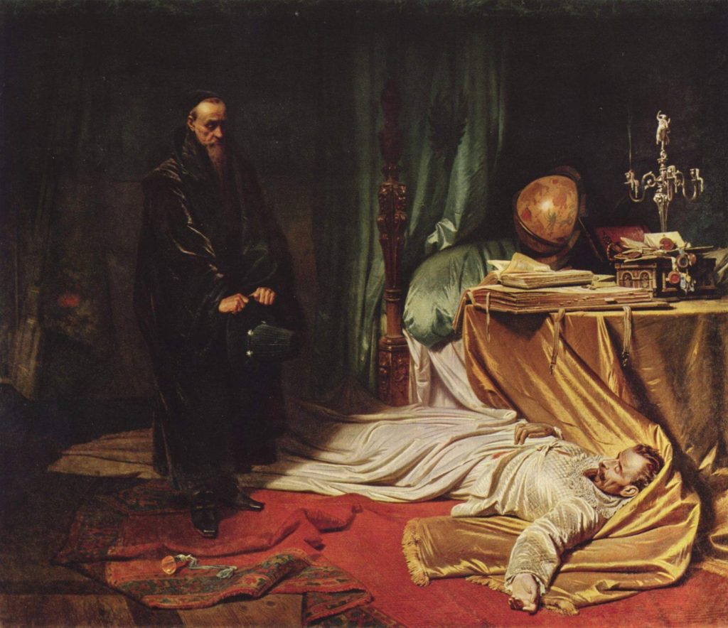A man in dark robes looks upon the body of a man, fallen against luxurious draperies that cover his room.