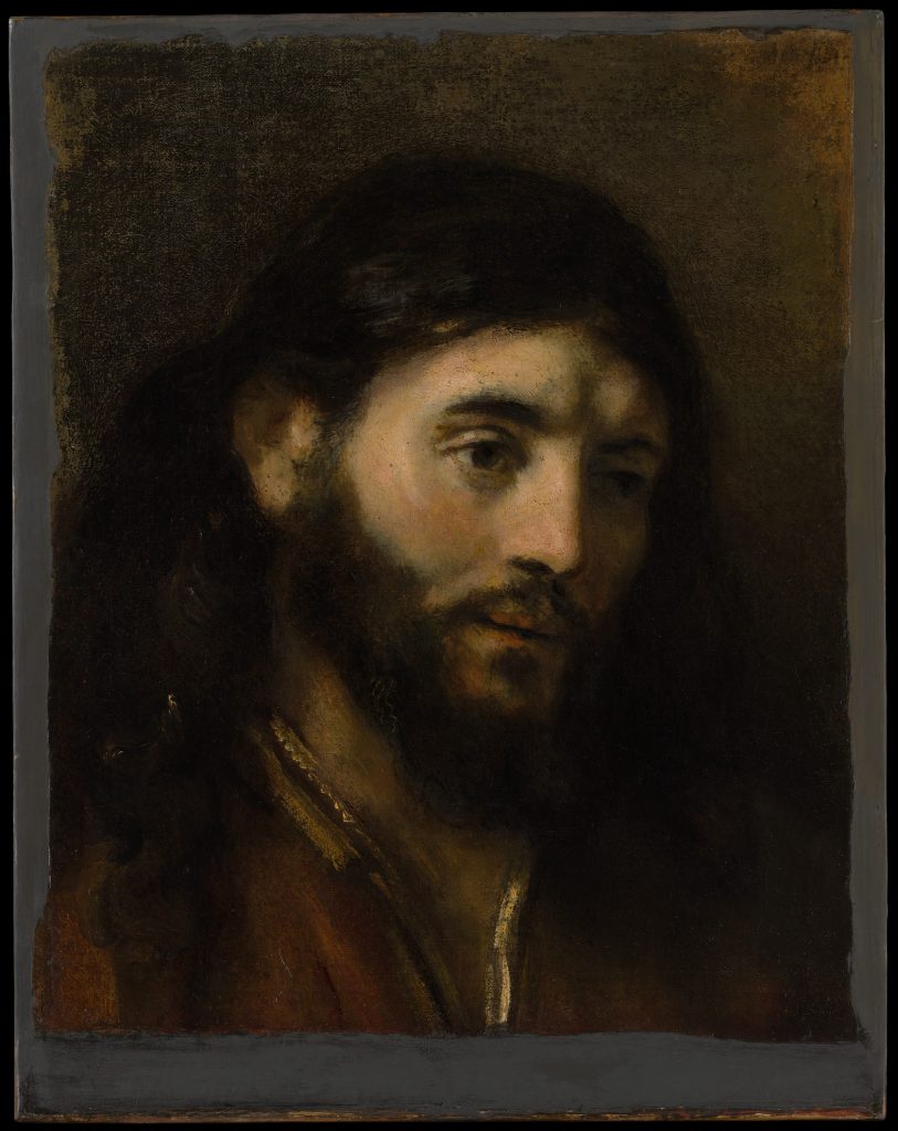 A sympathetic but shadowed portrait of Christ, slightly tilting his head downwards.