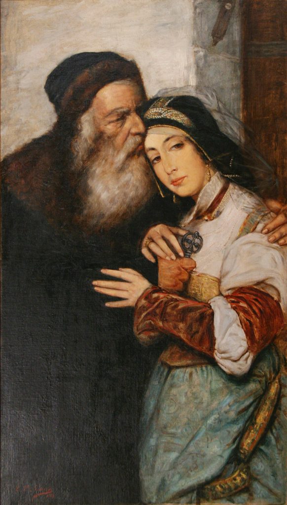 A fatherly scene of a muddily painted Shylock embracing his finely delineated daughter, who rests a hand on his chest.