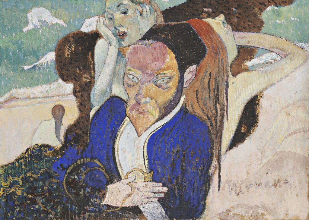 A portrait of de Haan twisted into caricature, eyes large and inhuman, before a ruptured backdrop featuring nude women clutching their faces.