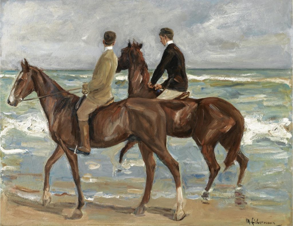 Two male riders traverse a beach before the ocean, backs to us. A loosely rendered painting.
