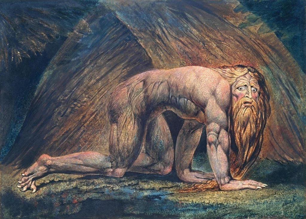 A naked bearded man crawls on all fours, his muscles strained and his hands and feet turned to claws.