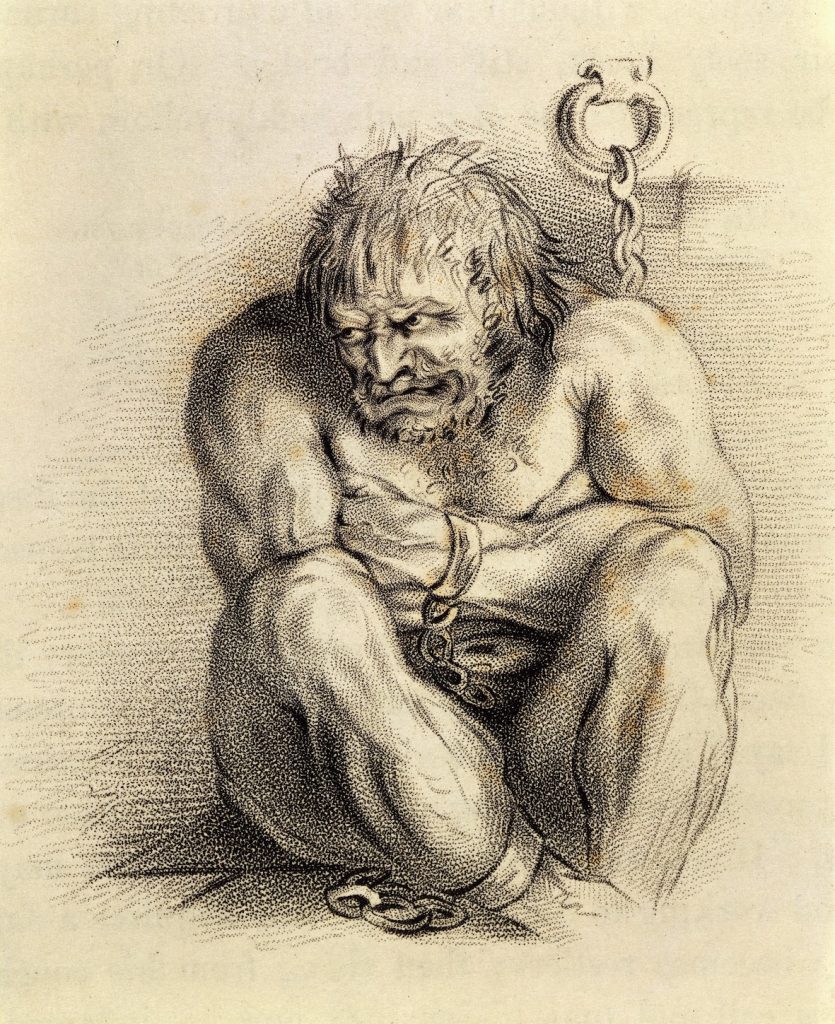 An engraving of a chained naked inmate, face grotesquely contorted, gargoyle-like.