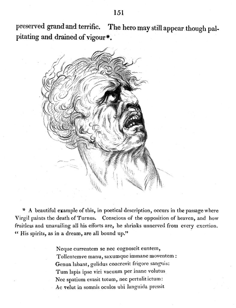 A drawing of a man's head turned to look upwards. His face is shaded to show strain.