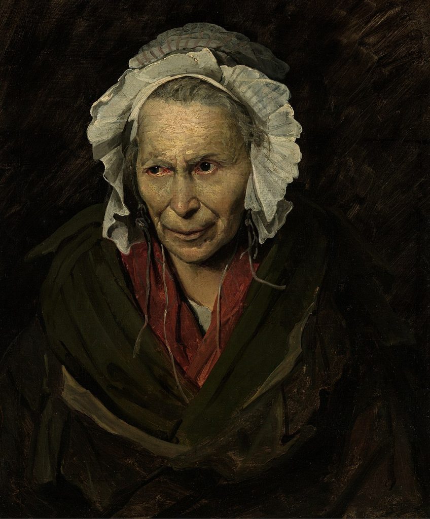 A detailed portrait of an elderly lady, eyes mismatched in size, before black murky paint strokes.