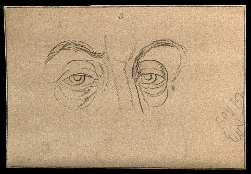 A pencil drawing of eyes under bushy eyebrows. The expression is a stern one.