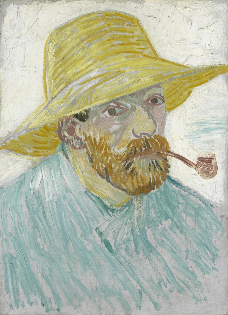 A loose self-portrait with few brushstrokes. Van Gogh wears a large sun-hat and a holds a pipe in his lips.