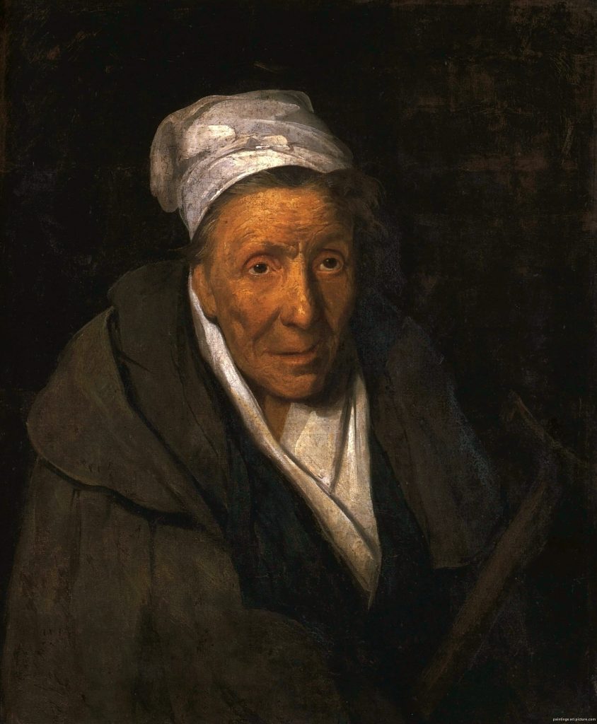A portrait of an elderly woman with orange tinted skin, mouth slightly agap, looking forward without intent.