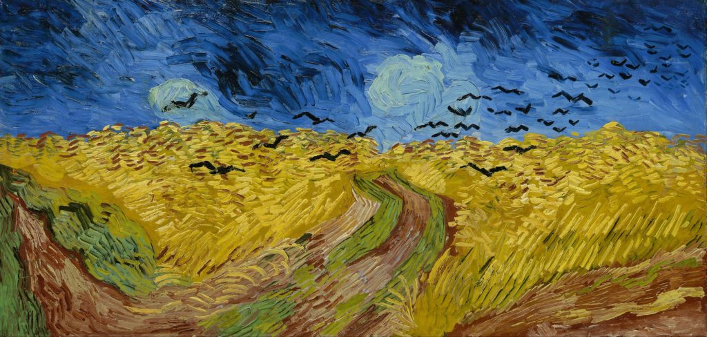 Short, thick, and very vibrant brushstrokes make up a wheatfield underneath a swirling blue sky. Black crows scattered across the horizon line.