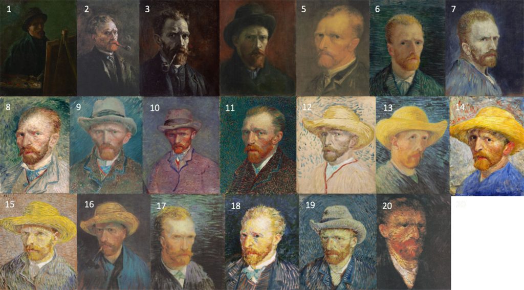 Subsequent self-portraits of van Gogh throughout his life-time, increasingly loose in brush strokes.