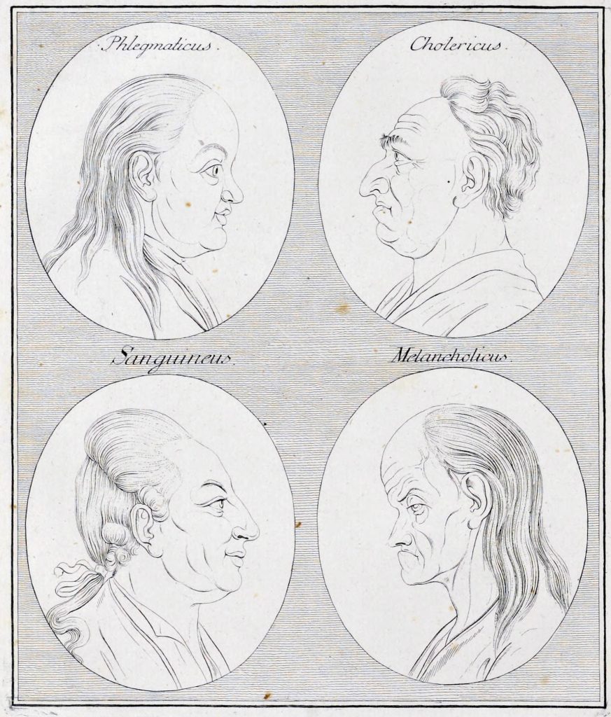 Four grotesque caricatures of humanised physiognomies, in coin-like portraits.