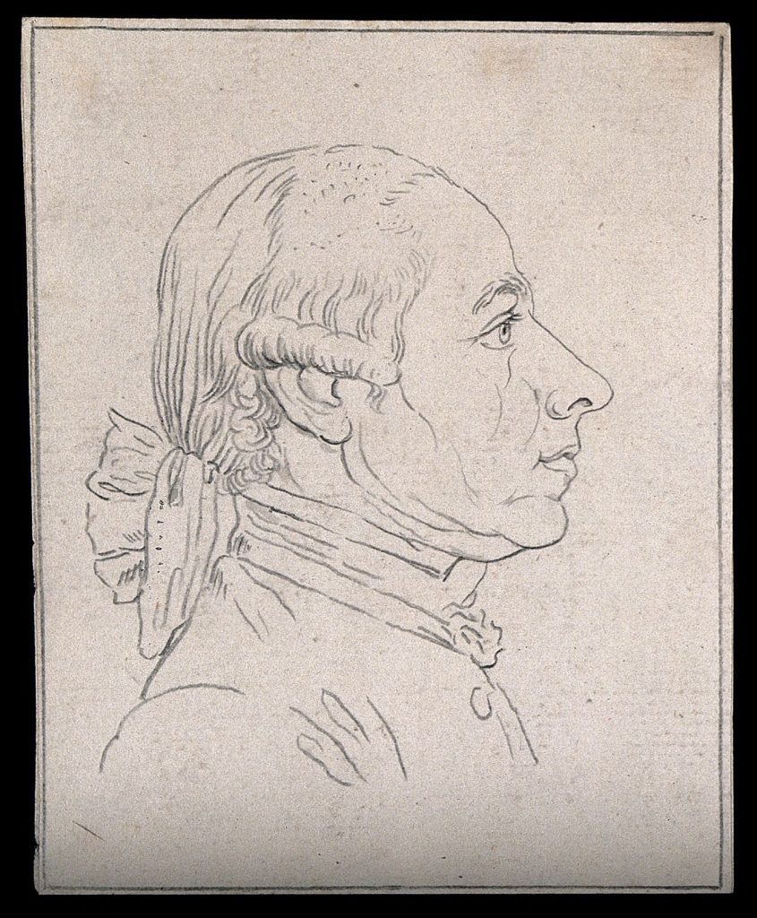 A side-portrait drawing of a larger man with a pointed nose.