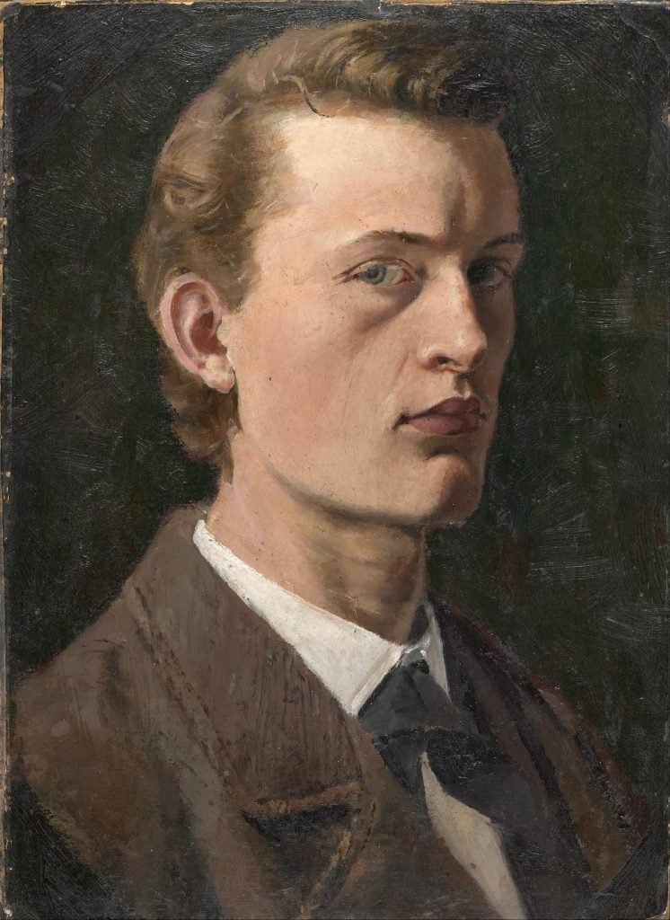 A self-portrait of the artist with rigid facial structure, a stern expression. He wears a suit.