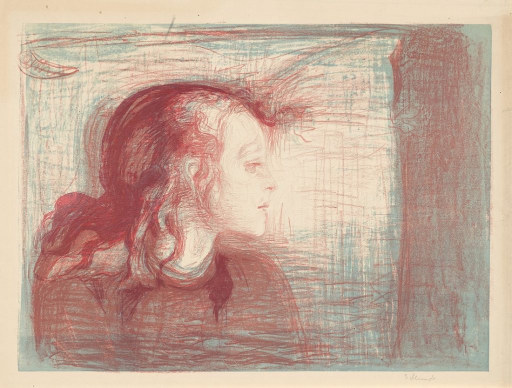 A lithographic sketch of a girl's profile, done in wispy pencil lines.