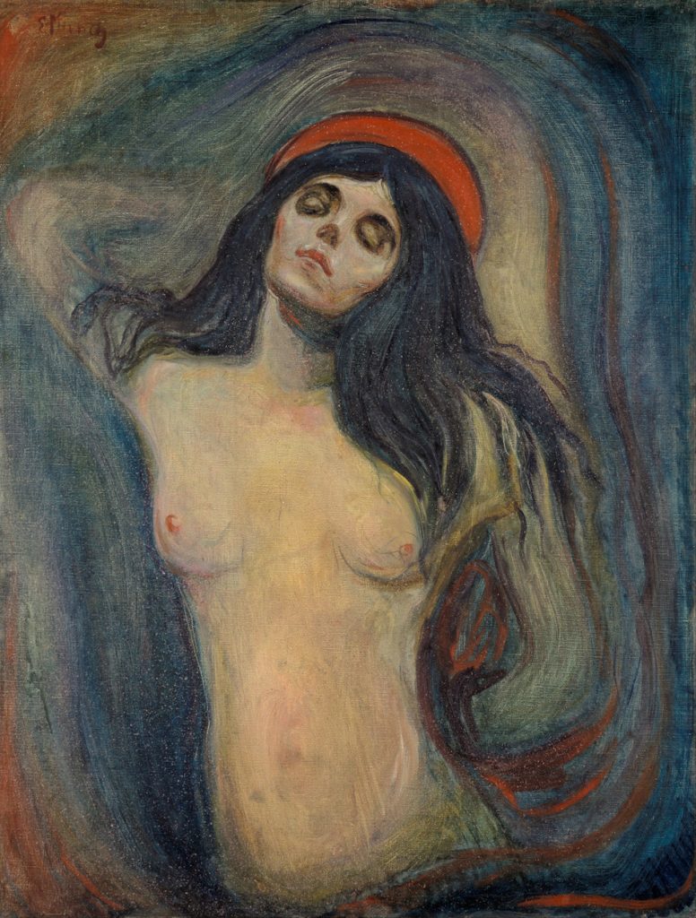 A nude woman, semi-absorbed into the backdrop from her limbs, turns her chin upwards. She has a red curved halo.