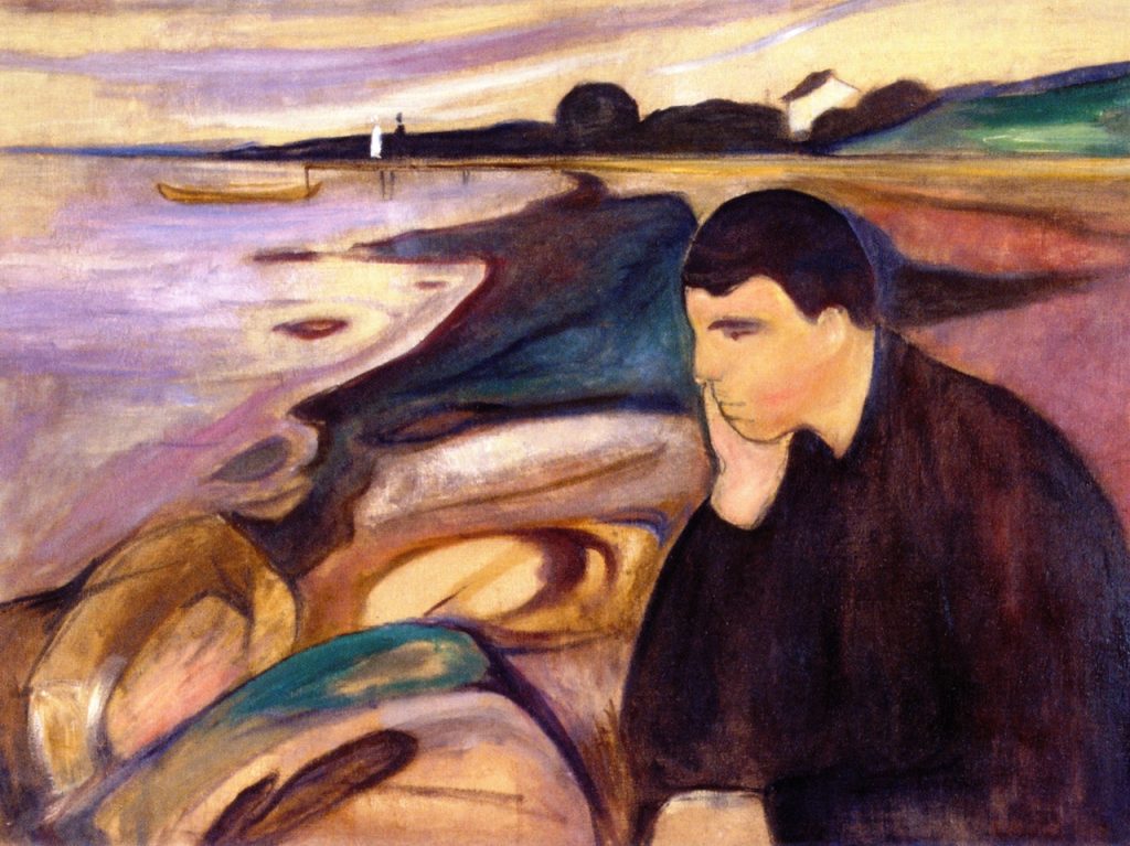 A flat scene of a contemplative man, chin on palm, overlooking a beach. The beach is made up of coloured globules.