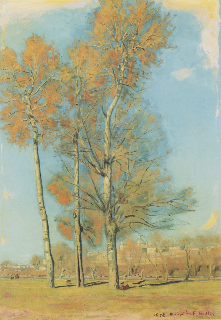 A gleaming painting of tall birch trees before a town landscape. Bits of the canvas are observable.
