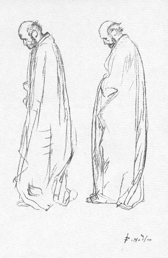A sketch of two forlorn robed figures in empty line-work.