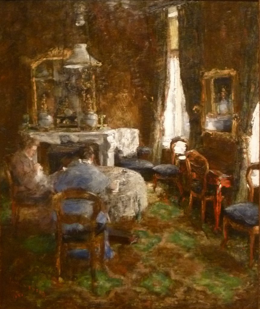 A warmly painted scene of two women sat at the table in a decadent dining room. Paint is applied in thick and short strokes.