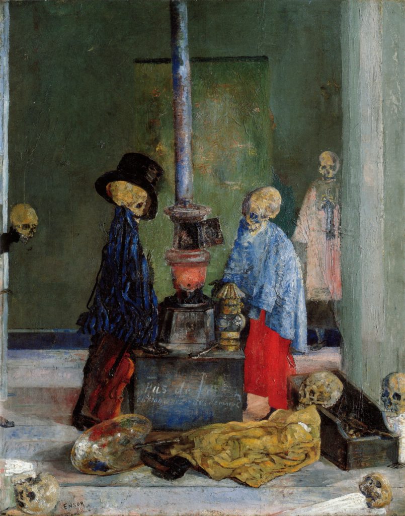 A family of clothed skeletons begin to huddle around a furnace in a lit room. There are clothes and art supplies on the floor.