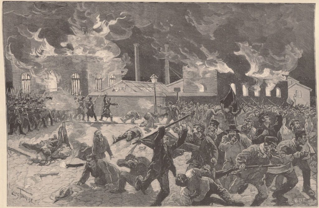 The army takes fire on a crowd of rebels before a burning factory in this journal illustration.