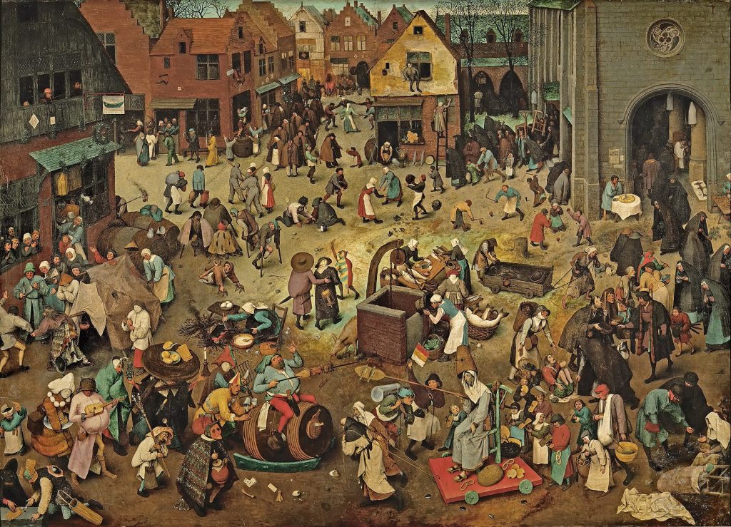 A chaotic scene in a town square filled characters in violent and eccentric confrontation. Priests emerge from a church on the right.