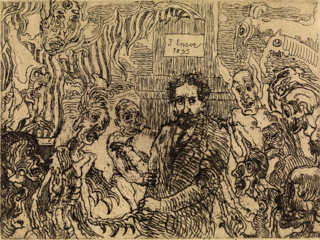 An etched self-portrait of the artist besieged by atrophied figurations of people.