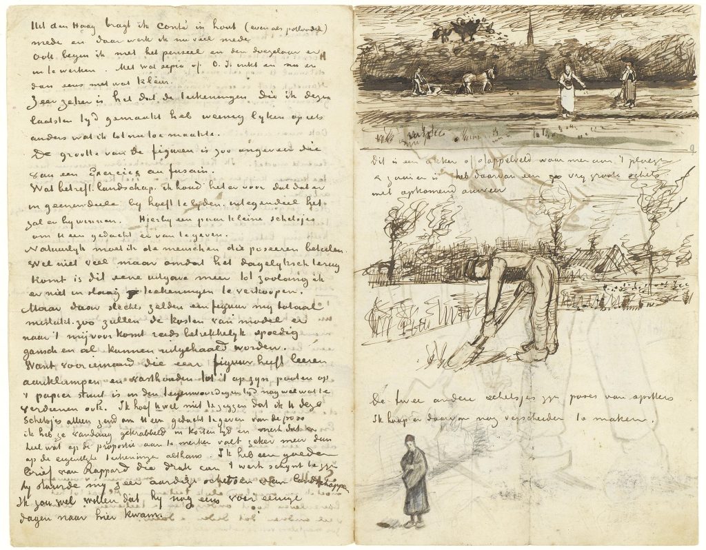 Sketches of farm-workers and a landscape pair with van Gogh's letter to his brother.