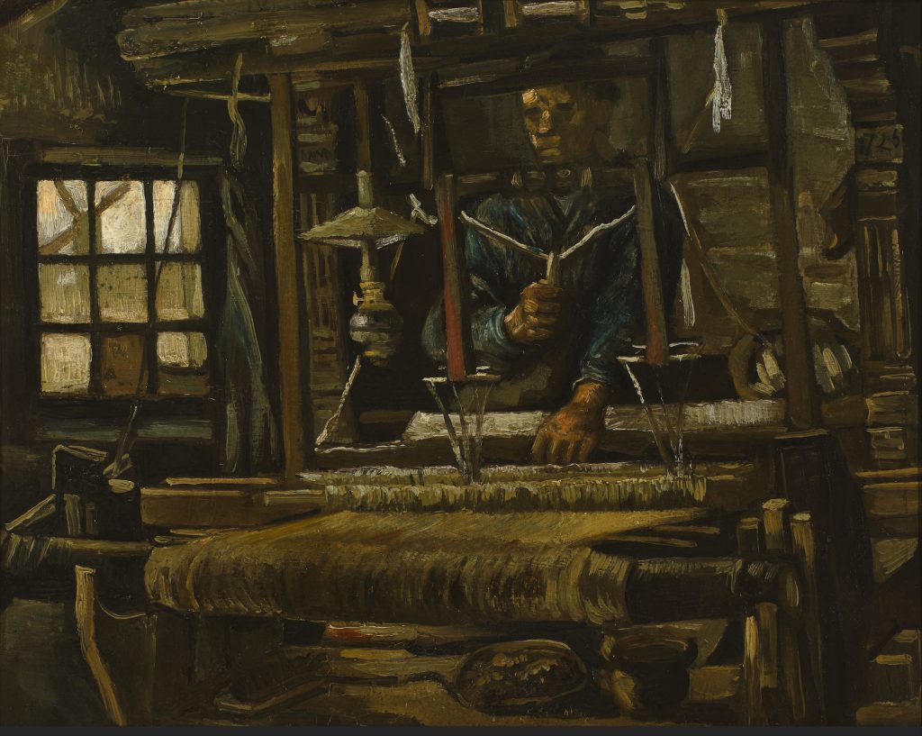 A thickly painted scene of a weaver at his station, facial features obscured. A windmill is silhouetted in the window.
