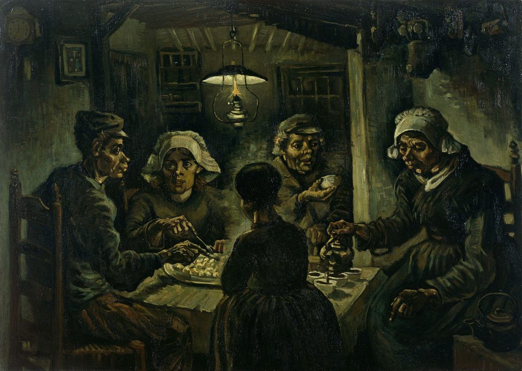 An earthy interior scene of five figures sat around a table eating and drinking. Their facial textures and interior of their house are sombrely tinted.