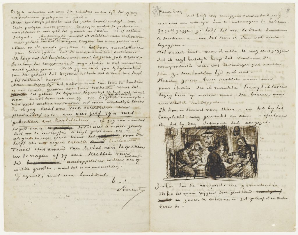 In his letter addressed to his brother, van Gogh includes a rough sketch of The Potato Eaters.