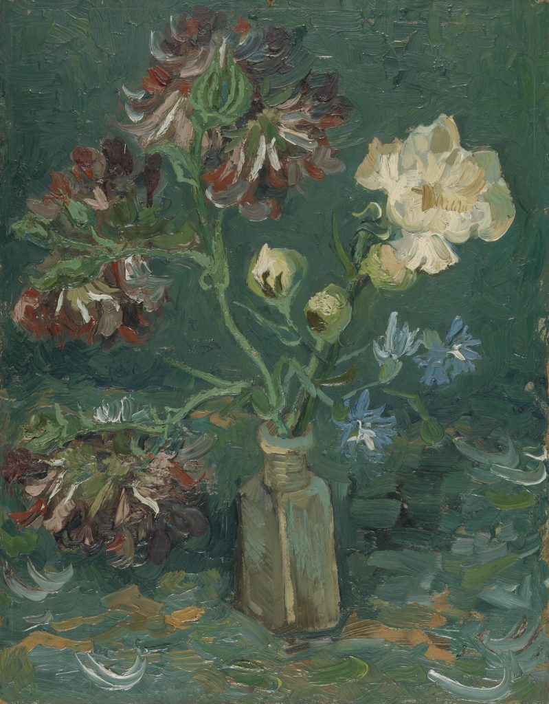 Flowers, red and blue tones, emerge outwards from a bottle in various directions.