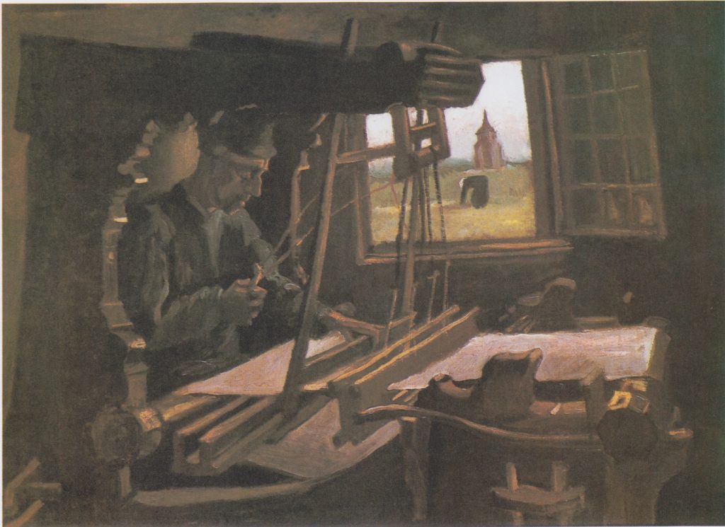 An old man sits in an enclosed room at a weaving station. Light spills in from a window where a village can be seen.