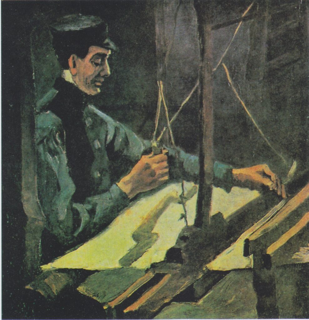 A uniformed weaver, facing to the right, works at his station. The scene is flatly lit.