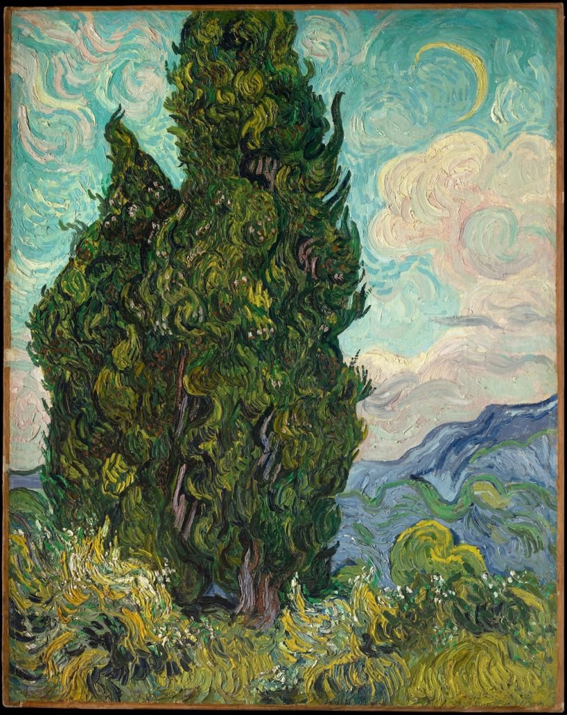 Two cypress trees extend into the sky, the entirety of the landscape made up with swirling brush strokes.
