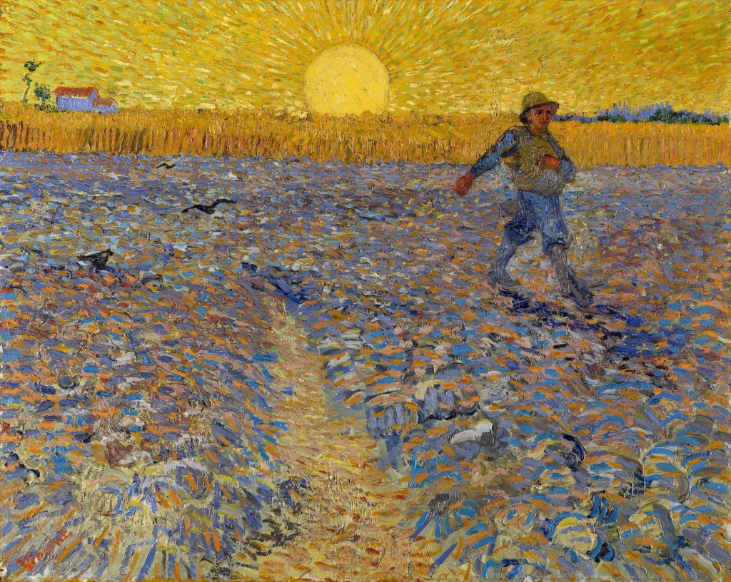 A farmer works in a field before a sunrise, or sunset. The scene is vibrantly painted.