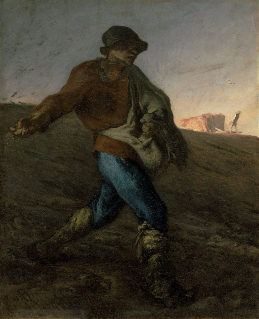 A scarcely lit seen of a farmer sowing in a field, cattle seen in the background. The sun sheds light in the right of the picture.