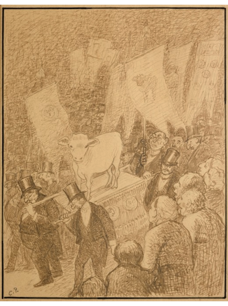 An etching of suit-wearing aristocrats carrying a tabernacle with a golden calf through a crowd.