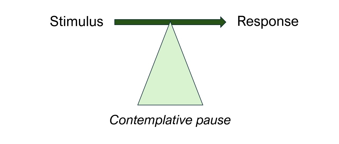Diagram with 'stimulus' on one side, 'response' on another with an arrow going from stimulus to response. in the middle of the arrow, is a moment for 'contemplative pause'