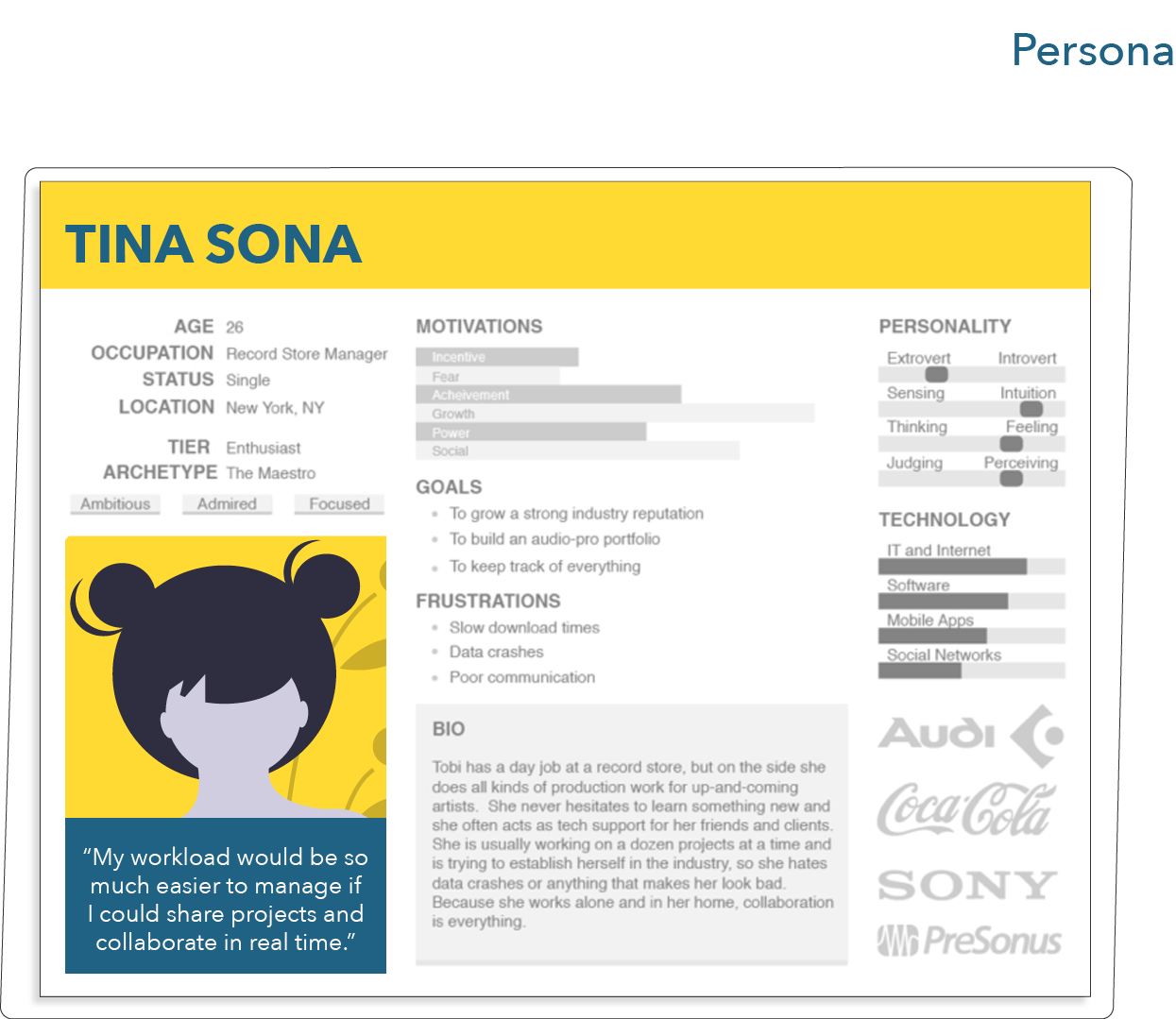 The persona card shows demographic information, motivations, goals, frustrations, personality traits, skills, a bio and a quote.