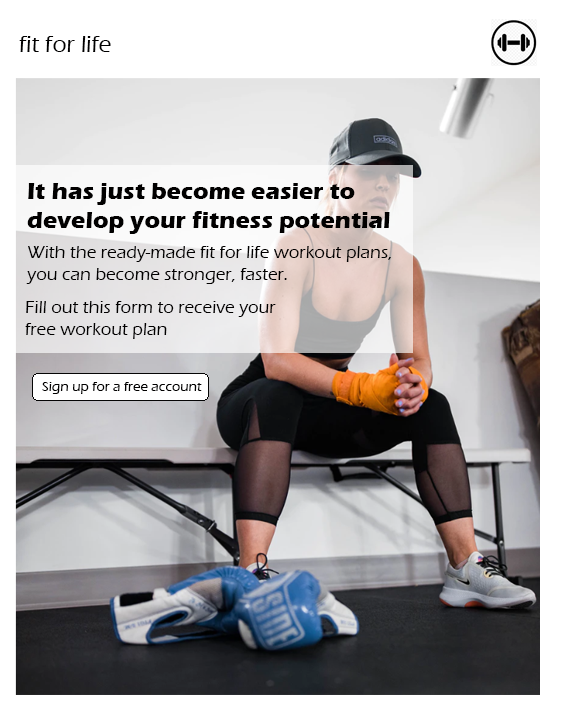 Fit for Life landing page asking you to sign up for a free account to receive a free workout plan.