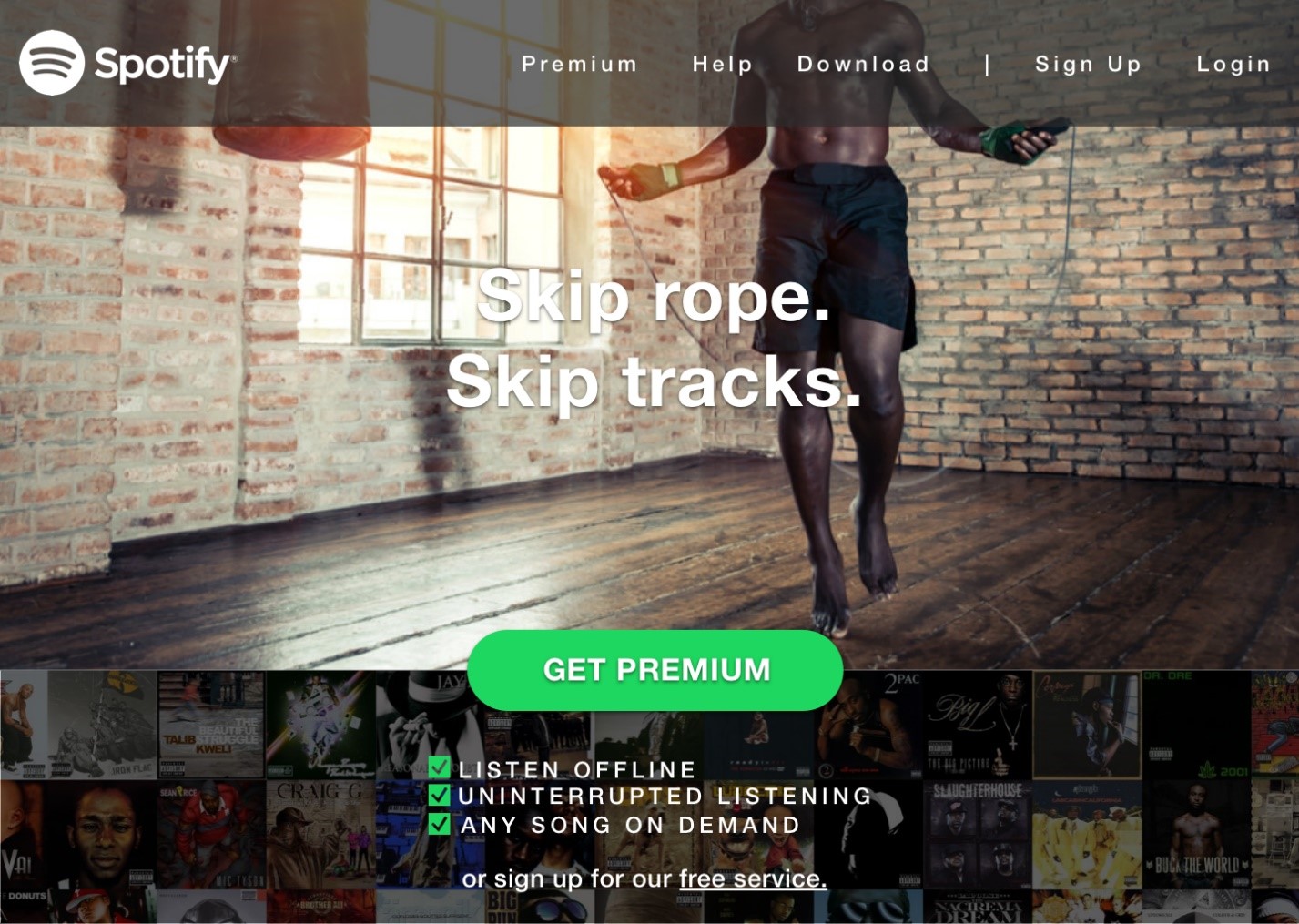 Spotify landing page with large button saying Get Premium and smaller link to free service.